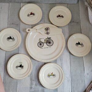 Harker Ware Pottery Made USA Antique Cars Vtg Cake Plate & 6 Dessert Plates